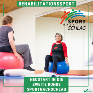 Zwei ältere Damen sitzen im Gymnastikraum auf Gymnastikbällen. Sie sind zueinander gewendet während die Frau rechts im Bild augenscheinlich eine Sportgruppe leitet.