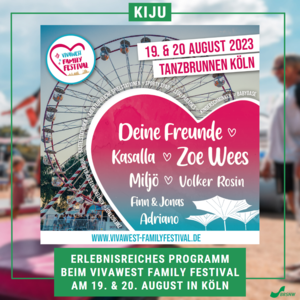 Es ist ein Veranstaltungsplakat in kräftigem pink und türkis zu sehen, das die Hauptacts des Vivawest Famliy Festivals am 19. und 20.08. in Köln vorstellt.