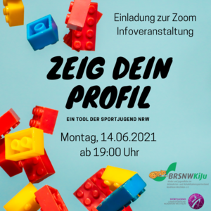 Legosteine auf blauem Hintergrund und Schriftzug Zeig dein Profil