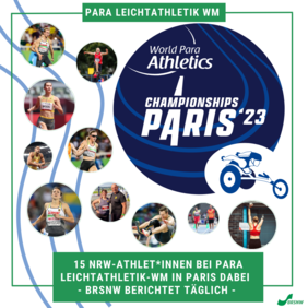 Das Bild zeigt verschiedene Sportler*innen, die für die Para Leichtathletik WM in Paris nominiert wurden. Die Bilder sind in Kreisen auf weißem Hintergrund. Im großen, blauen Kreis ist das Logo der Veranstaltung zu sehen.