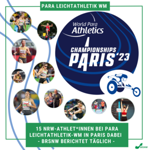 Das Bild zeigt verschiedene Sportler*innen, die für die Para Leichtathletik WM in Paris nominiert wurden. Die Bilder sind in Kreisen auf weißem Hintergrund. Im großen, blauen Kreis ist das Logo der Veranstaltung zu sehen.