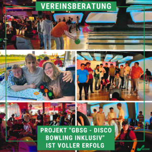 Die Collage zeigt Menschen beim inklusiven Bowling in einer Bowlinghalle, die Stimmung ist heiter.