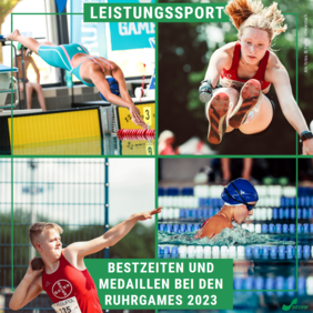 Die Collage zeigt vier Bilder von jungen Sportler*innen. Links oben springt eine Schwimmerin vom Startblock ins Wasser, recht daneben befindet sich eine Athletin gerade im Weitsprung. Darunter holt eine Schwimmerin Luft, um den nächsten Schwimmzug zu machen. Links davon sieht man einen Kugelstoßer kurz vor dem Abwurf der Kugel.