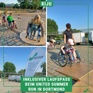 Die Collage zeigt drei Bilder. Auf Zweien davon probieren sich Kinder am Rollstuhlparcours aus, der aus Holzplatten besteht. Das dritte Bild zeigt eine Beachflag des BRSNW auf dem Veranstaltungsgelände in Dortmund.
