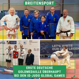 Die Collage zeigt drei Bilder: Unten rechts kämpfen zwei Judoka auf der Matte. Unten links ist die Siegerehrung zu sehen, die Sportler lächeln in die Kamera und halten ihr Medaillen in der Hand. Das Bild oben zeigt die deutsche ID-Judo-Auswahl mit den beiden Trainern. Sie lächeln in die Kamera.