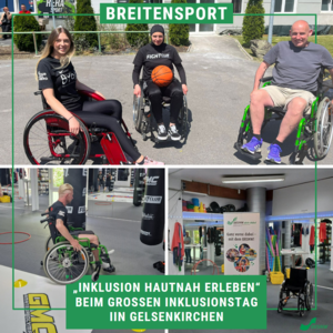 Die Collage besteht aus drei Bildern vom BYOH inklusionstag in Gelsenkirchen. Der Stand des BRSNW im Kampfsportstudio zeigt eine Roll-Up-Plakat und einen Rollstuhl. Weiterhin schauen drei Menschen, die im Rollstuhl sitzen in die Kamera und lächeln. Eine weitere Person sitzt im Rollstuhl und fährt zwischen Boxsäcken umher.