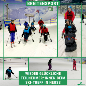 Die Collage zeigt mehrere Mono- und Bi-Skifahrer*innen in der Skihalle in Neuss. Angeleitet von zwei Betreuer*innen machen sie erste Erfahrungen im Schnee.
