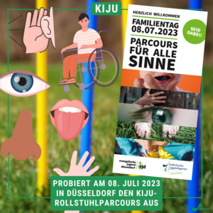 Das Bild zeigt den Veranstaltungsflyer des Familientags am 08. Juli und verschiedene Illustrationen zu den einzelnen Sinnen.